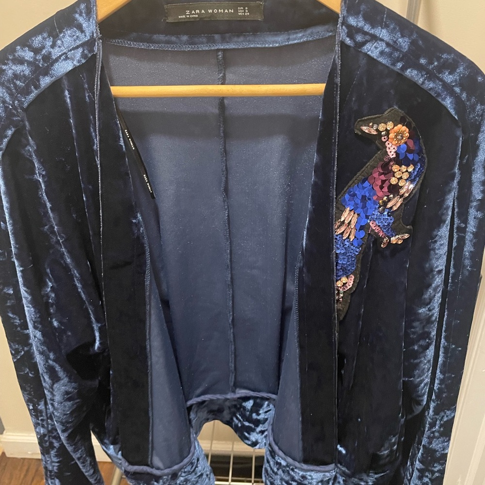 Zara Navy Velvet Blazer with Sequin Bird